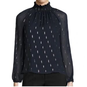 Rebecca Taylor Navy Silk Mock Neck Elegant Navy Blouse with metallic Pattern 4